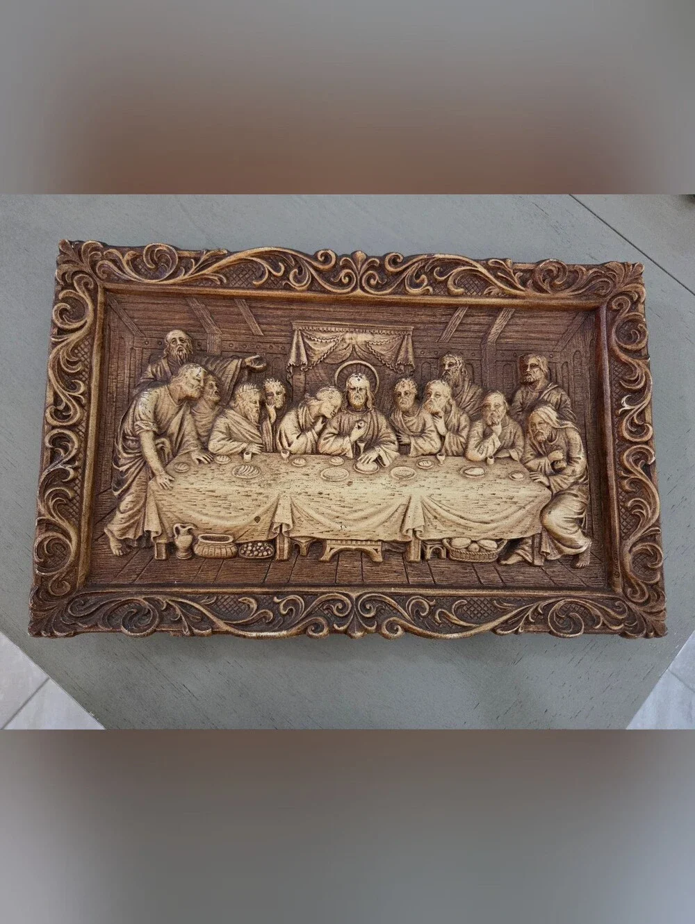 Vintage Multi Products Inc 3D Last Supper Wall Plaque Faux Wood Relief, EUC